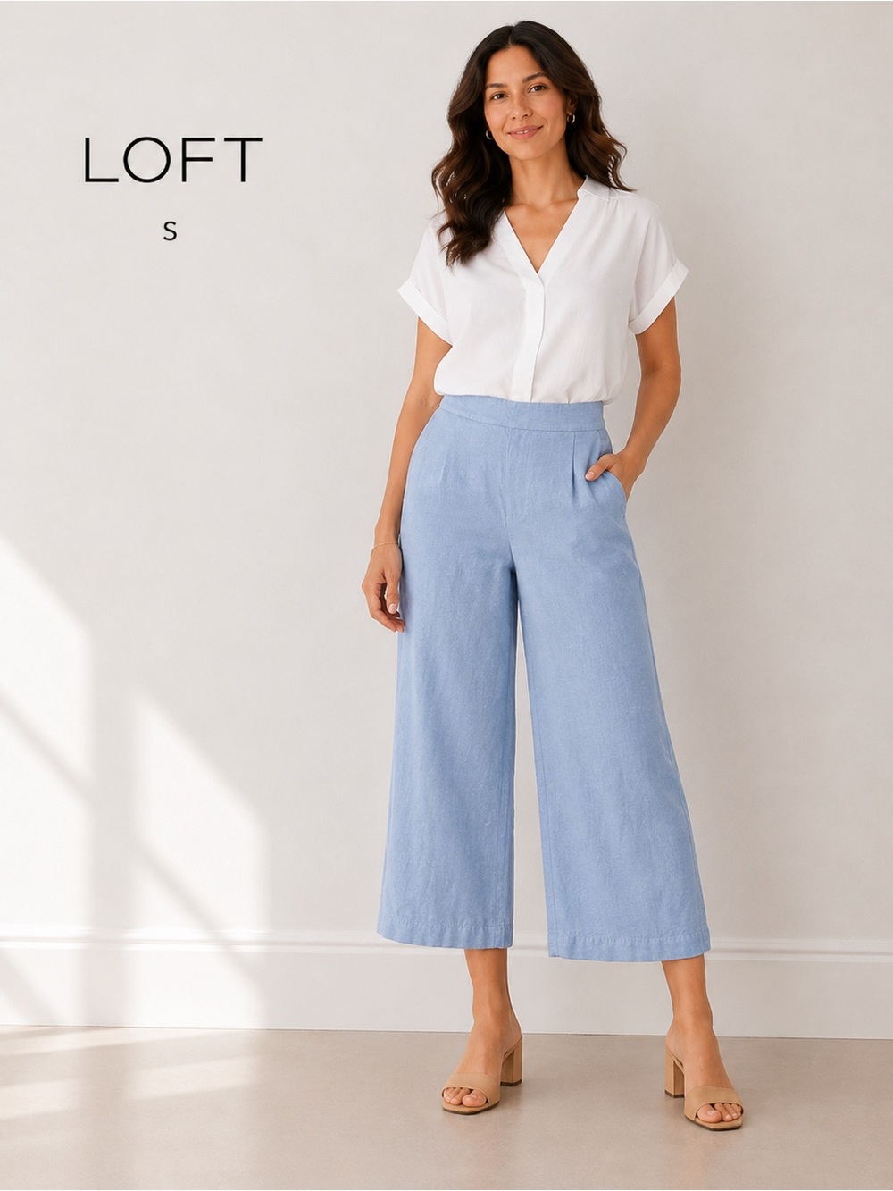 LOFT Linen Blend Wide Leg Crop Pants Women’s  Blue Pull-On Elastic Waist/size S